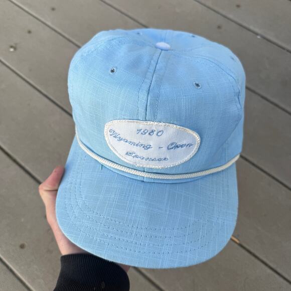 Vintage 1980 Wyoming Cowboys Open Golf Sponsor Light Blue Strapback Hat Cap VTG - Picture 5 of 7